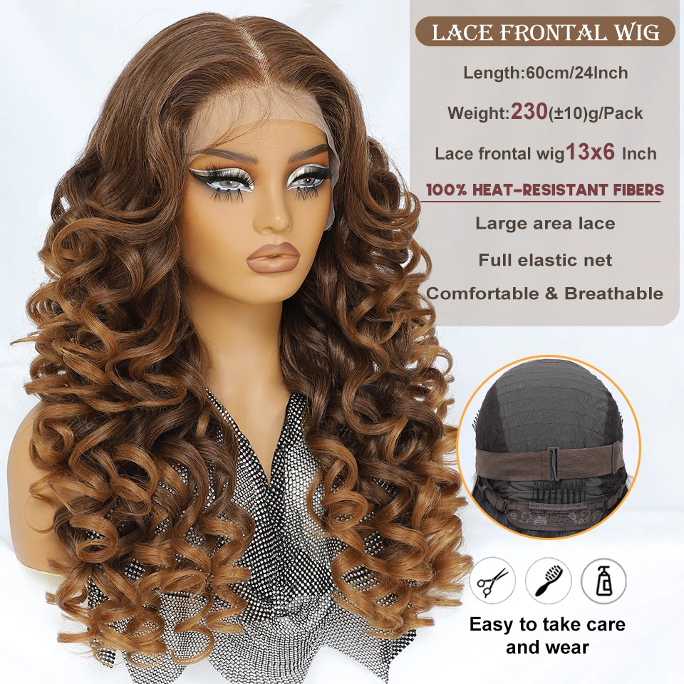 24 Inch 13X6 Synthetic Lace Front Wigs Curly Pre Plucked Lace Frontal Wig with Bangs for Women Brown Highlights with Babyhair