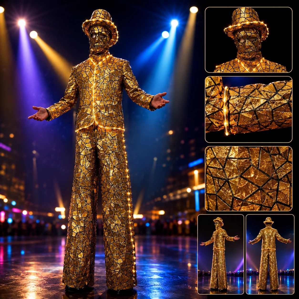 

LED Light up Sequin Stilts Walker Robot Costume Suit Sparkling Halloween Carnival Party Performance Outfit for Cosplay