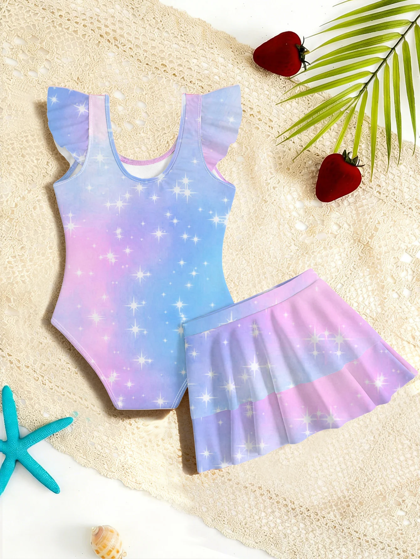 Kids Girls 2 Piece Gradient Star Print One Piece Swimsuit with Ruffle Skirt Cover Up Summer Beach Swimwear