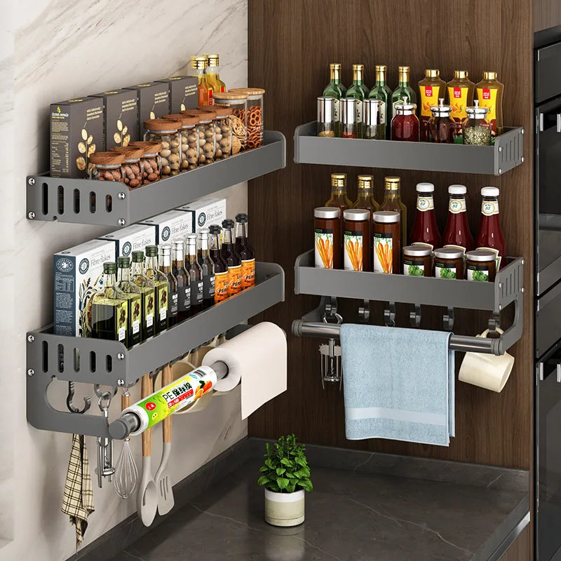 

No-Drill Kitchen Wall Organizer Spacious Spice Rack with Hooks Heavy-Duty Wall-Mounted Storage Shelf Sturdy Countertop Organizer