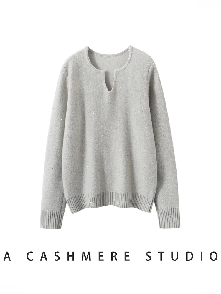 

New Women's 100% Cashmere Sweater Sequined V-Neck Pullover Sweater Autumn Winter Light Luxury Series Long Sleeve Soft Warm Tops
