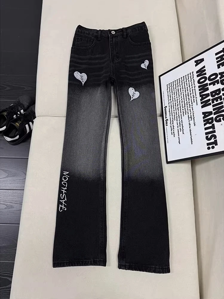 

American High Street adient Heart Embroidery Thiened Fce Straight Leg Jeans Men's Waed Casual Trousers