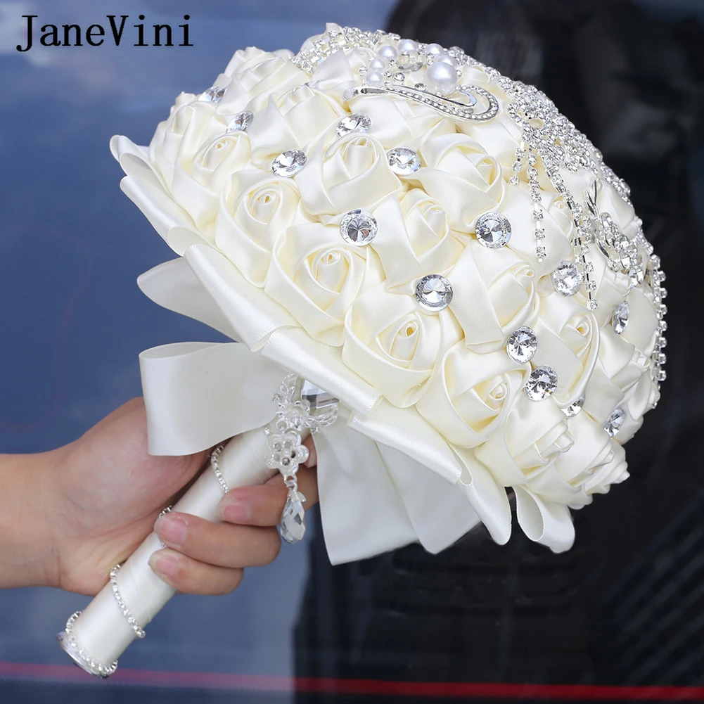 JaneVini 21cm Luxury Ivory Bridal Bouquet with Silver Brooches Jewelry Fake Rose Bridesmaid Bride Bouquet Wedding Flowers Noiva