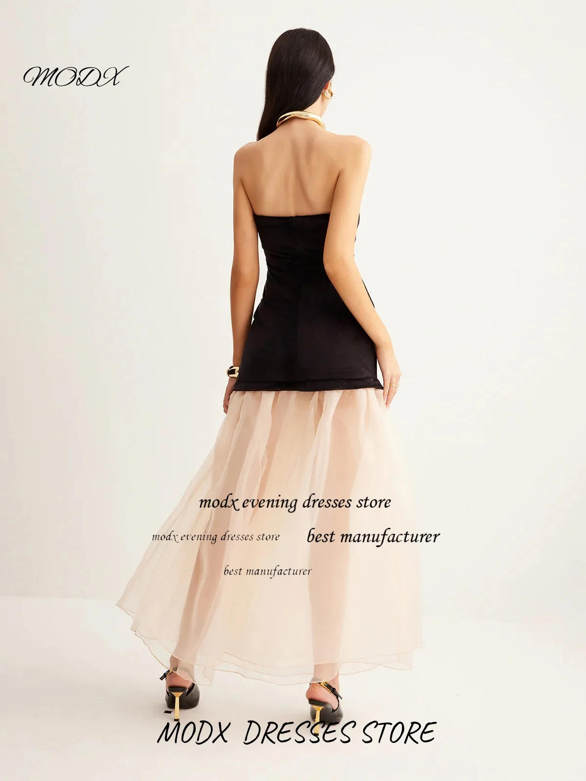 MODX Maßgeschneiderte elegante Ballkleider aus Satin und Chiffon, schulterfrei, ärmellose Ballkleider, rückenfreie Abendkleider in A-Linie