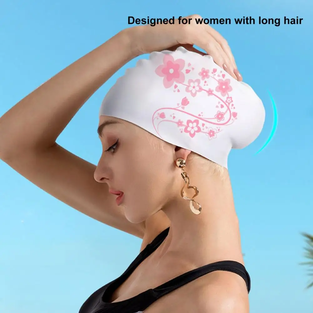 Women Swimming Hat Elastic Silicon Waterproof Ear Protection Swim Pool Hat Floral Print Swimming Sports Caps for Girls Women