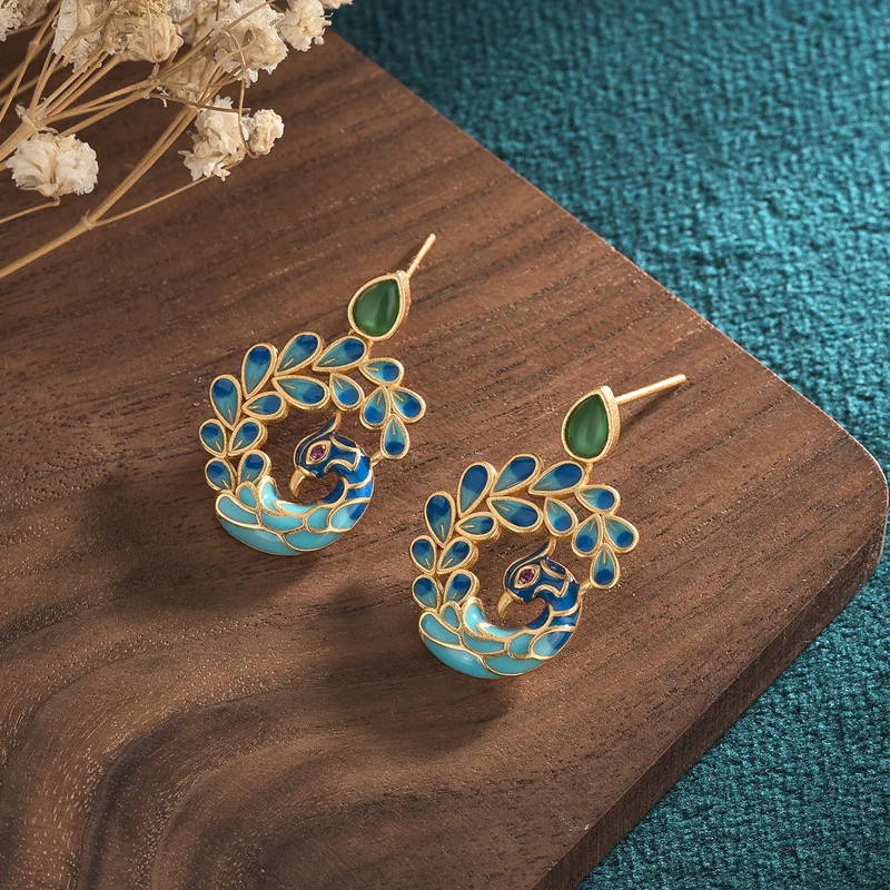 Unique Blue Hummingbird Long Drop Earring Women Luxury Enamel Earrings Vintage Blue Peacock Earrings Statement Jewelry Wholesale