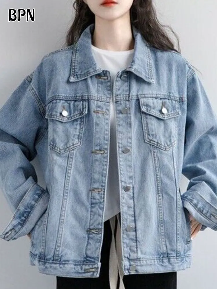 

BPN Casual Patchwork Pockets Denim Jackets For Women Lapel Long Sleeve Spliced Single Breasted Solid Autumn Coats Female Fashion