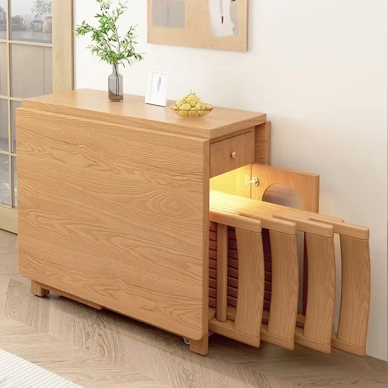 Folding Dining Table Set with Drop-leaf Extendable Gate-leg Solid Wood Oak Drawer Storage and Folding Chairs for Small Space