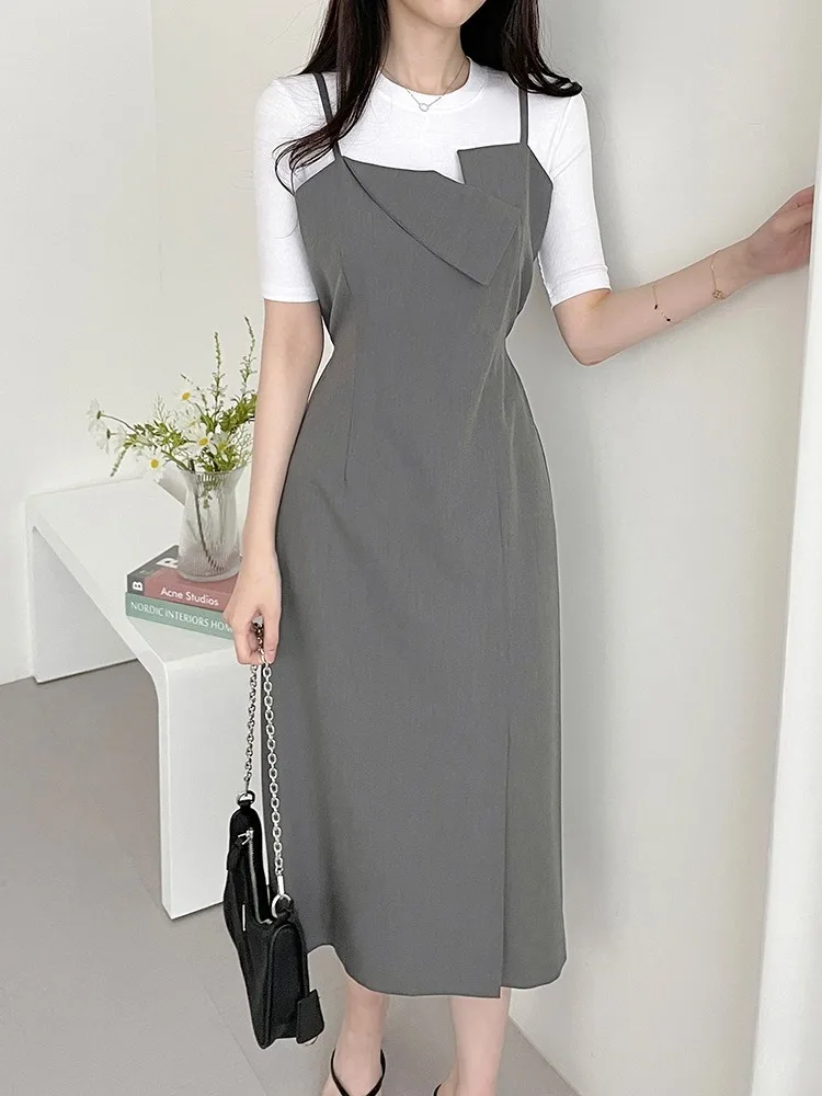 Elegant Belted Strap Dress Women's New Spring Fashion High-End Feel Waist Cinching Long Skirt French Style round Neck Short S...