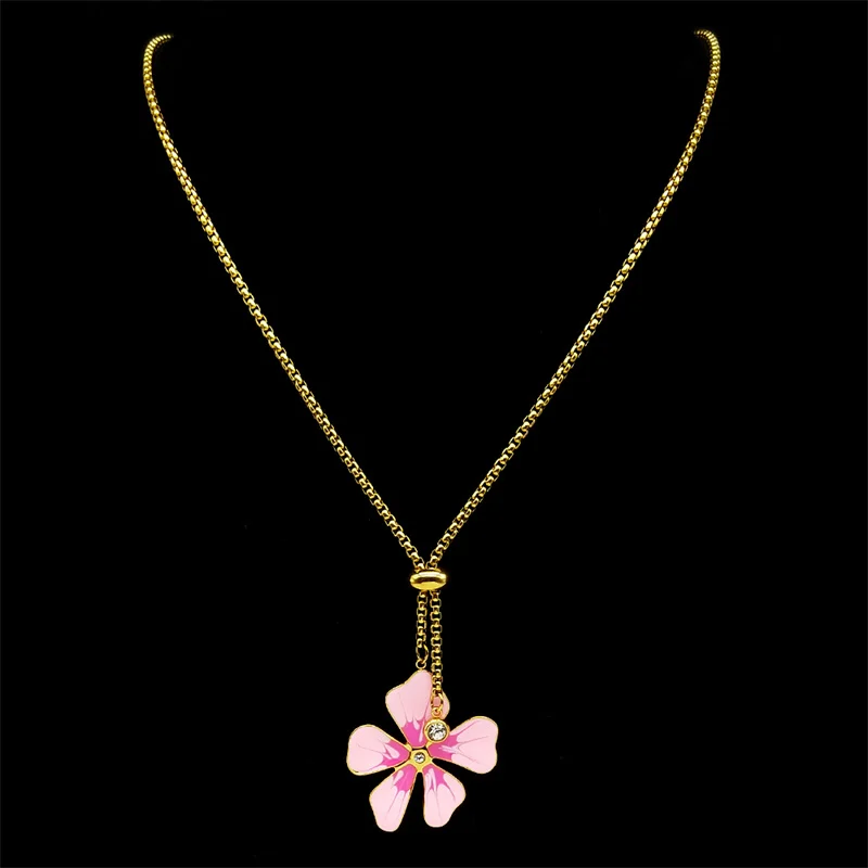 Sweet Pink Flower Pendant Long Chain Necklace for Women Enamel Stainless Steel Gold Color Aesthetic Y2K Jewelry Gift NZZZ394-1S0 image 4