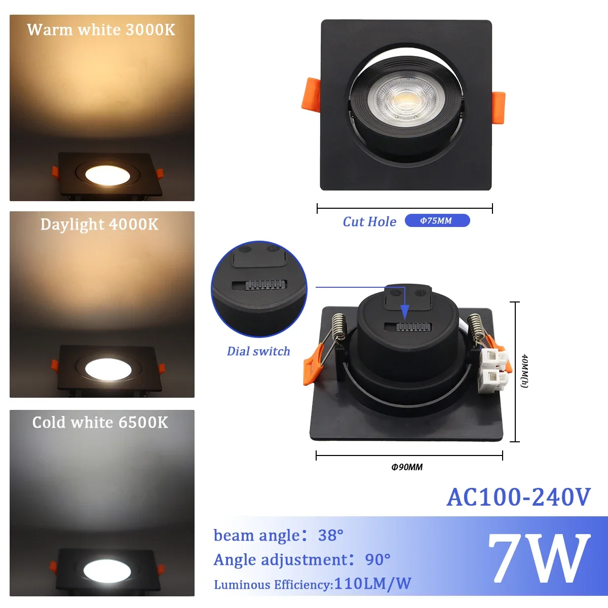 1-10 stks 7 W 3 CCT LED Kleur veranderen 3000 K 4000 K 6000 K LED Plafondspot ingebed licht AC 110 V 220 V Aanpassen 90 °   verlichting Spot