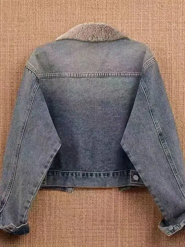 Women's Fce Lined Thiened Denim Jaet Retro Sle Loose Ort Fit All Match Winter Warm Top Button Closure Pure Color