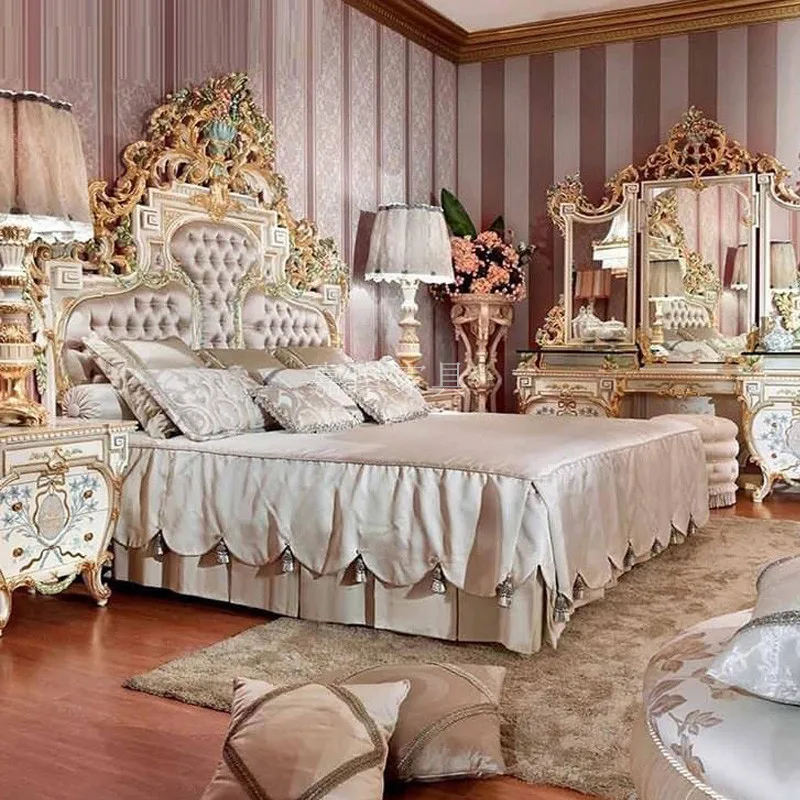 TuyaEuropean Court Bed Fabric Design French Luxury Log Carving And Painting Art Princess Bedroom