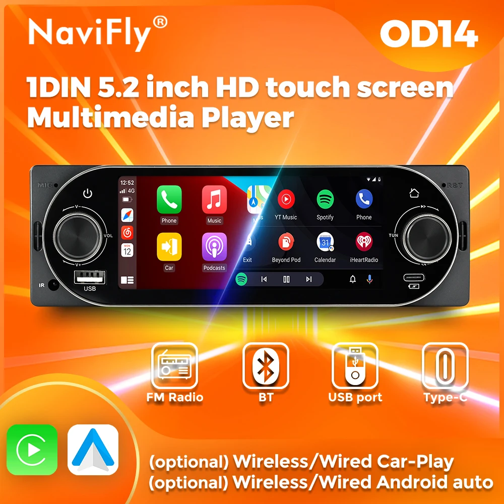

NaviFly 5,2-дюймовый двойной ручкой беспроводной CarPlay Android Auto универсальный 1-диночный автомобильный радиоприемник мультимедийный видео MP5-плеер FM стереоприемник BT