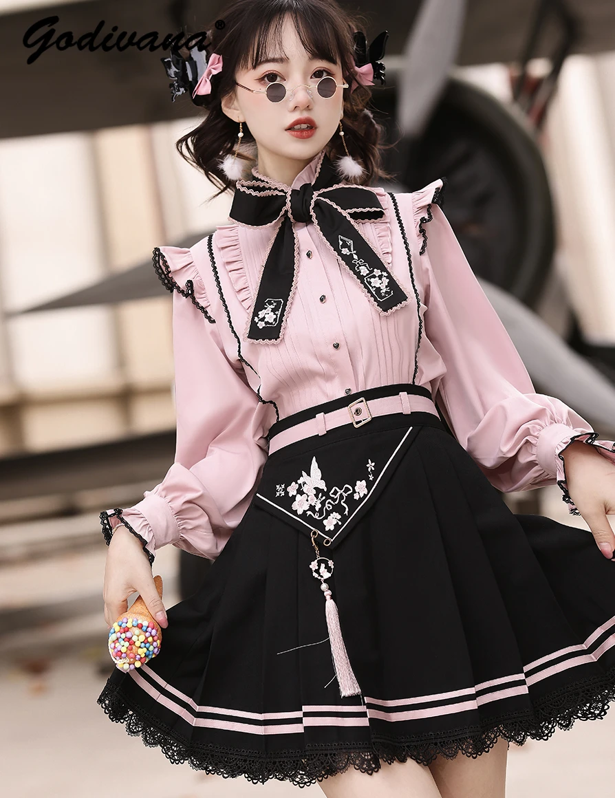 

Original Spring Women's Chinese Style Improved Long Sleeve Lace-up Bow Collar Pink Shirt Blouse Slim Short Skirt Two-Piece Suit