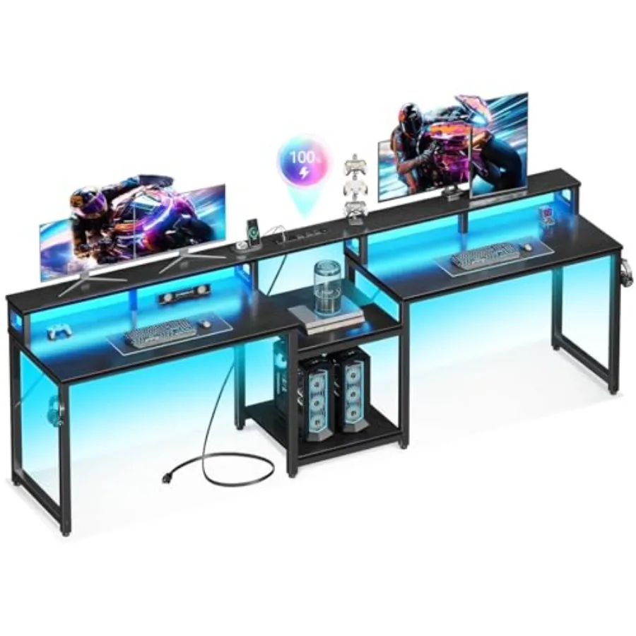 Gaming desk for 2 persons, 98'' length, LED lights, engineered wood, black, spacious dual-monitor setup with cable management