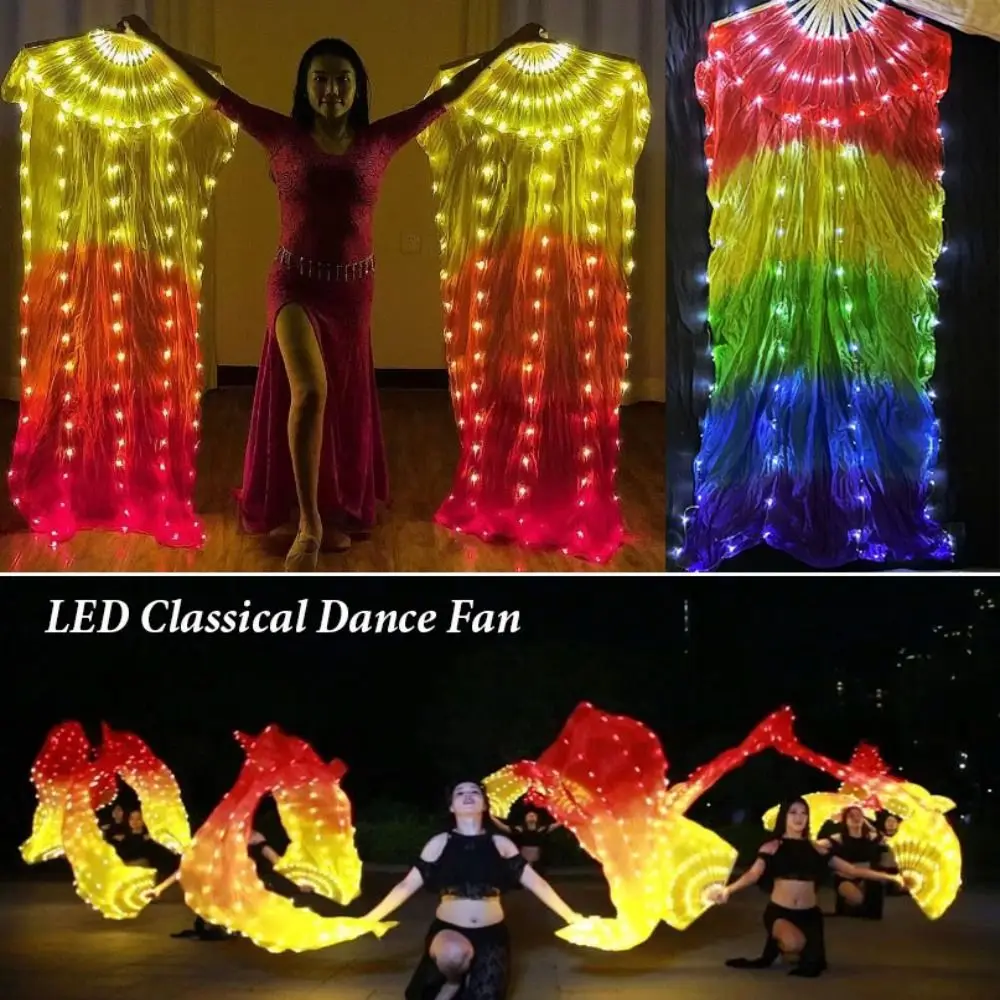 التدرج اللون LED مروحة الرقص الكلاسيكية 1.5 متر طويلة تقليد رايون الرقص الشرقي مروحة الأداء الدعائم راقصة ممارسة المشجعين الحرير