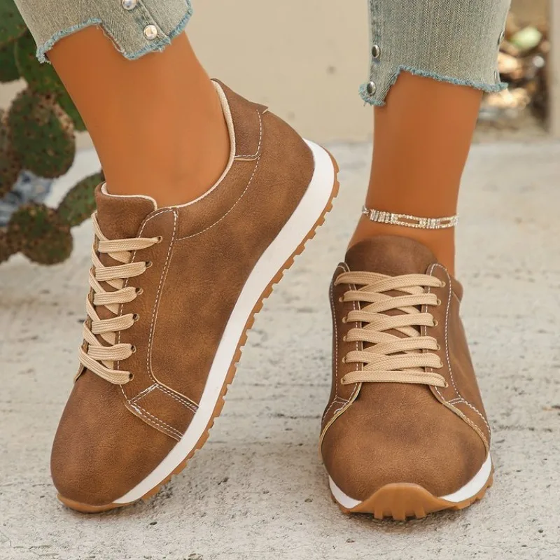 Women's Lace Up Sneakers Flat Round Toe Casual Shoes Matte Leather Look Contrast Stitching Classic Daily Walking Wear Footwear