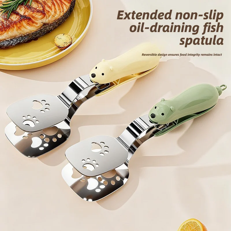 Kitchen Food Pliers 2-in-1 Stainless Steel Fish String Spatula With Cute Bear Long Handle, Heat-resistant And Non Slip