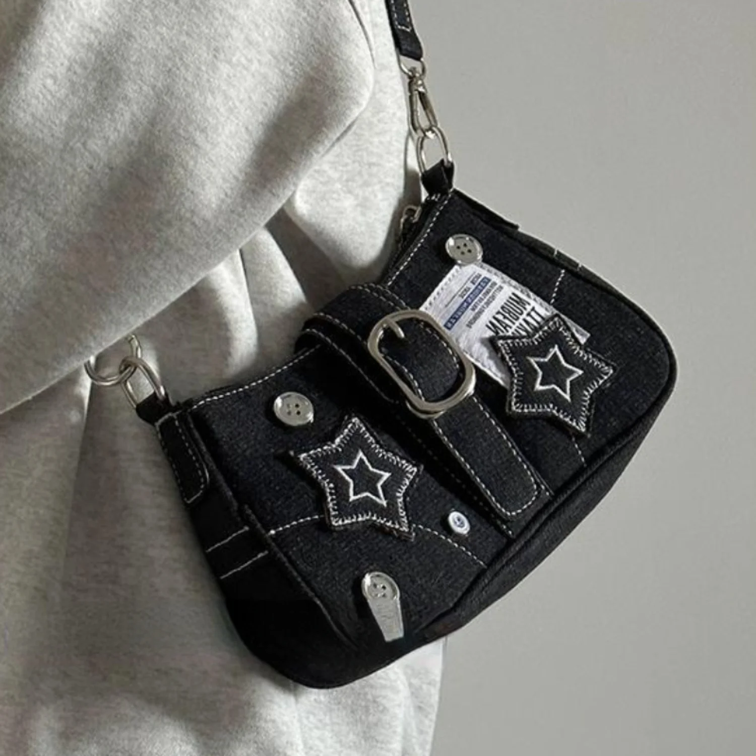

Y2K Star Denim Shoulder Bag with Trendy Chain Decor - Vintage Cool Buckle Underarm Purse