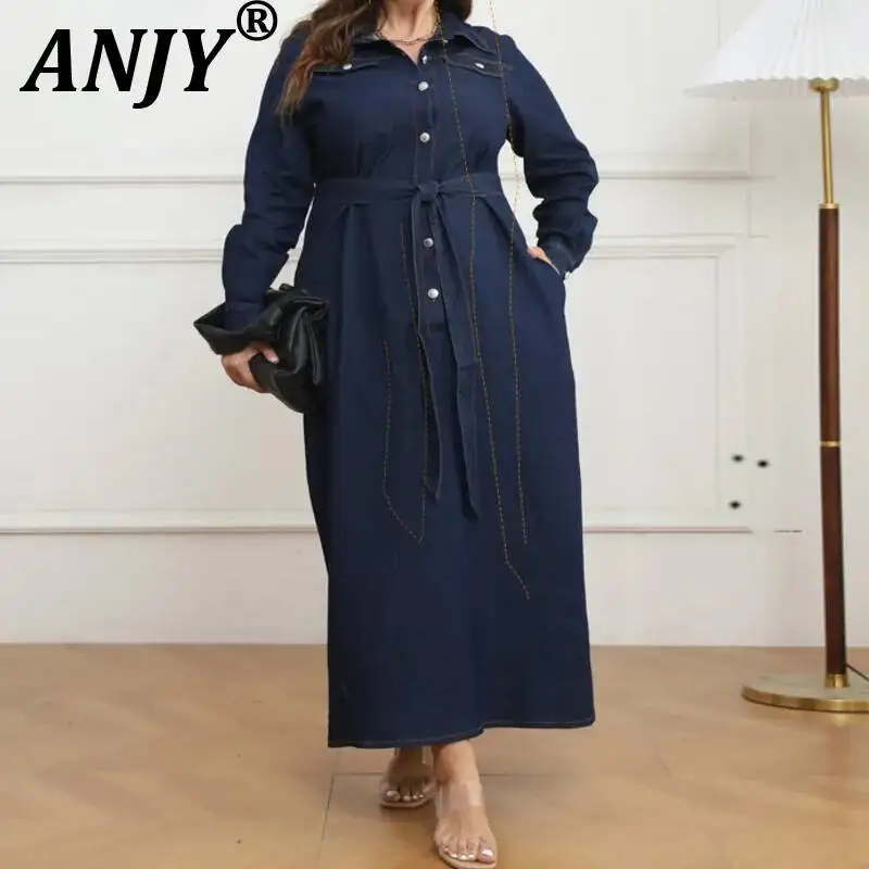 

ANJY Новое женское джинсовое платье-рубашка на весну-осень, винтажное, с эффектом потертости, на одной пуговице, с поясом, с длинным рукавом, стильное, повседневное, A22680