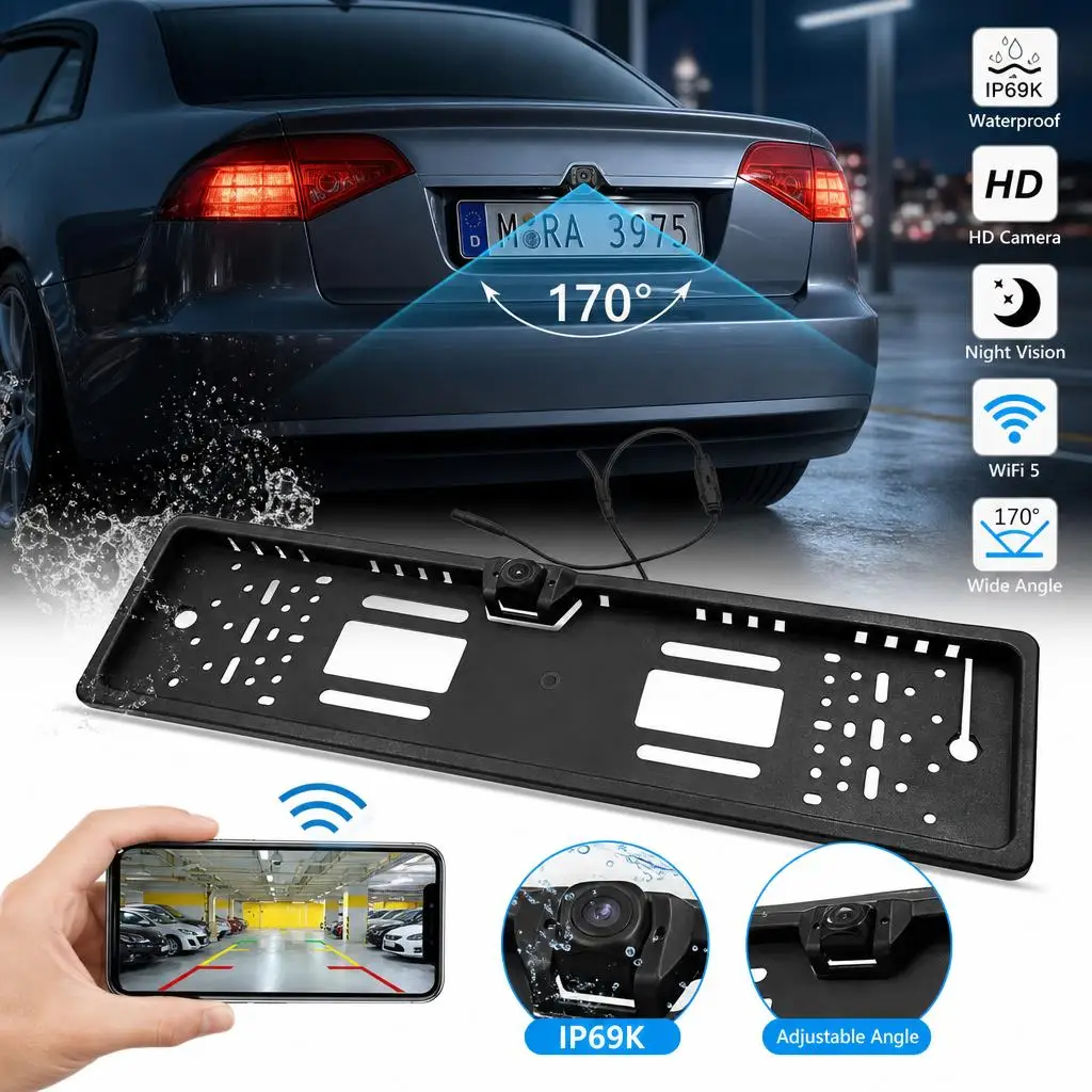 1 ensemble de nouvelle caméra de recul WiFi pour voiture 170 °   Cadre de plaque d'immatriculation européen (UE) avec caméra de vision nocturne HD étanche pour marche arrière, compatible avec iOS/Android