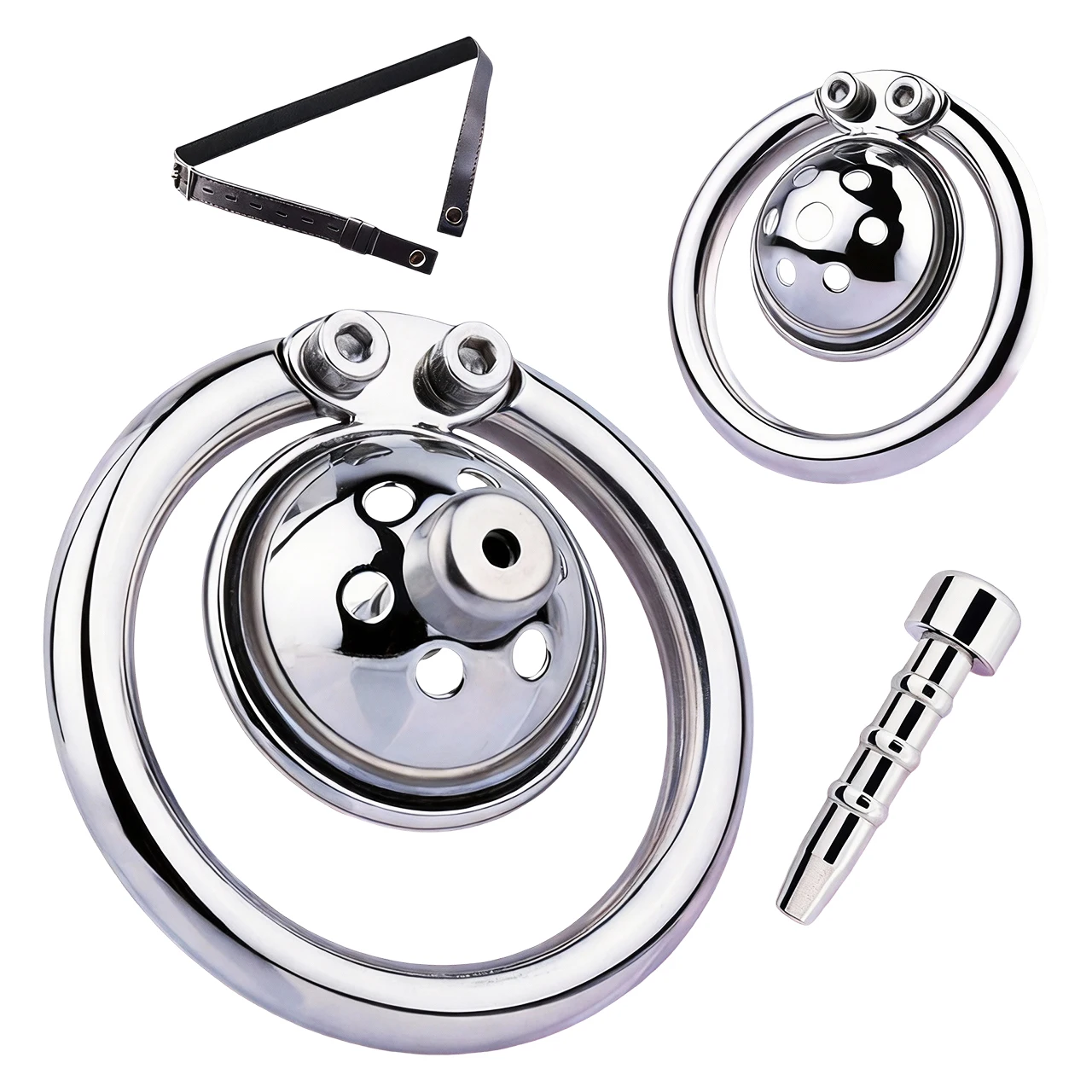 FRRK Metal Hemisphere Chastity Lock For Men With Urethral Catheter Two-way Straps Round Cock Ring BDSM Adult Pleasure Toy 18+