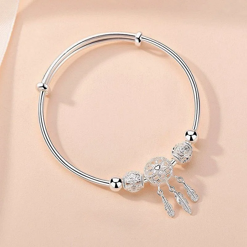 925 Sterling Silver Bangle Woman Dreamcatcher Tassel Feather Round Bead Adjustable Charm Bracelet Luxury Wedding Jewelry Gifts