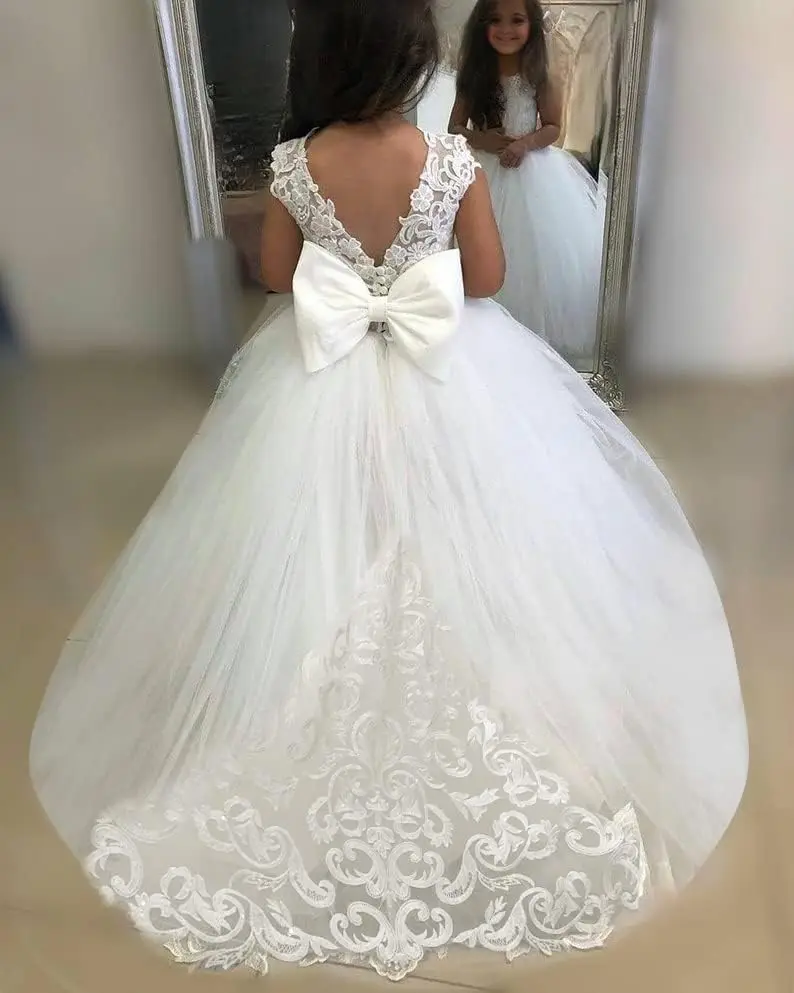 Lace Embroidery Transparent Sleeves Flower Girl Dress with Big Bow At The Back,Birthday Party Dance Dress,Communion Formal Dress