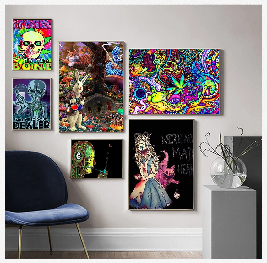 Magic Black Light Silk Painting Wall Art Posters and Print Home Decor Psychedelic Trippy Mind Visual Mushroom Education