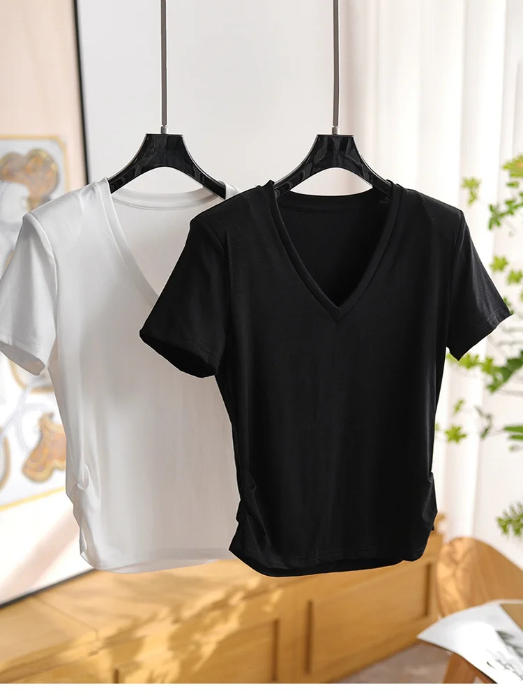 

Женская летняя футболка Slim Fit в корейском стиле с V-образным вырезом и коротким рукавом, с асимметричным подолом и завязками на талии, охлаждающая, для комфортного ношения