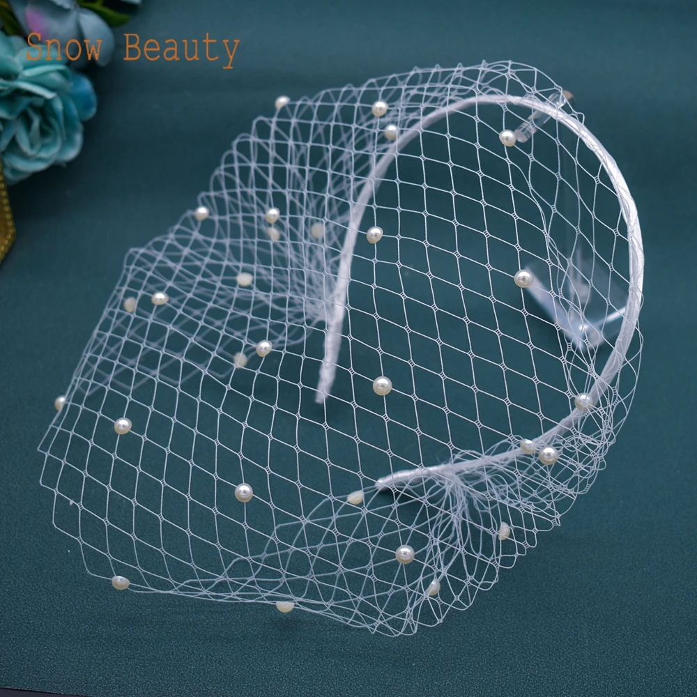 JM20 Witte Parel Birdcage Veil Met Hoofdband Gezicht Netto Masker Veils Charmant Tovenaar Blusher Sluier Russische Tulle Kooi Sluier