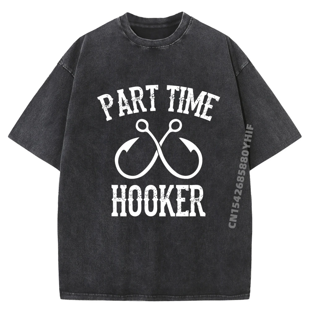 

Classic Fishing Hooks Part Time Printed Men T-shirt Normal Tops Tees Loose Luxury Designer Tee-Shirts Retro Washed Male