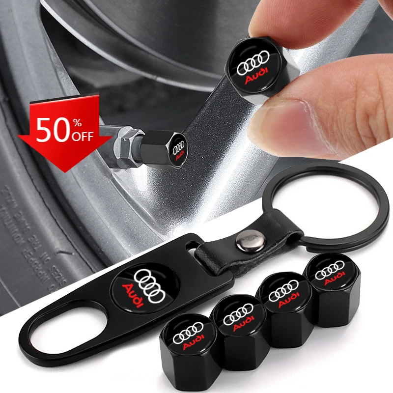 Set of 1 Keychain and 4 Tire Cap Emblems for Audi A4L A6L Q3 Q5 Q7 TT A3 A4 A5 A7 S3 S4 S5 Car Accessories