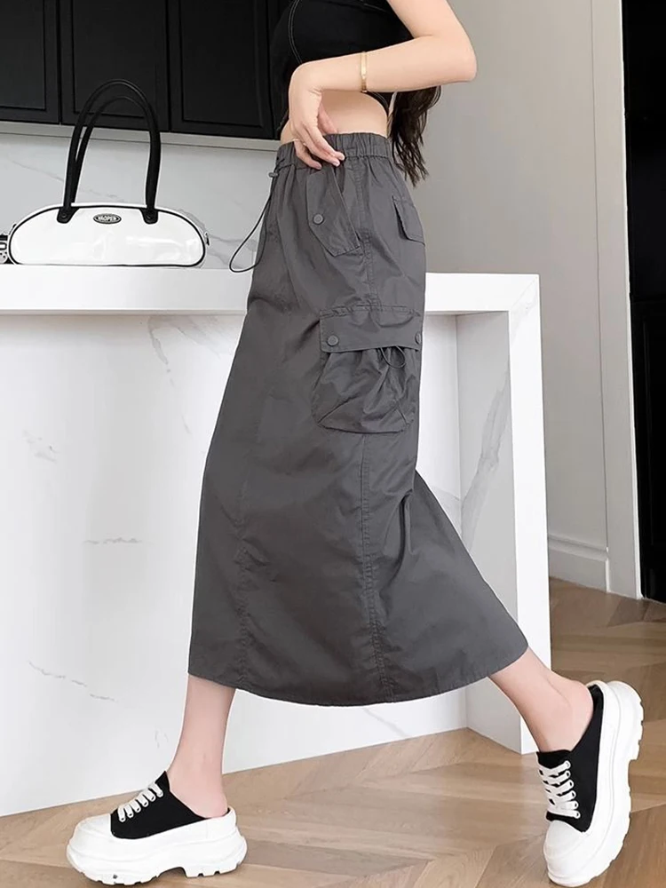Jmprs American Y2K Cargo Long Skirt Women High Waist Retro Back Slit Skirt Casual Streetwear Loose Harajuku Female A Line Skirts