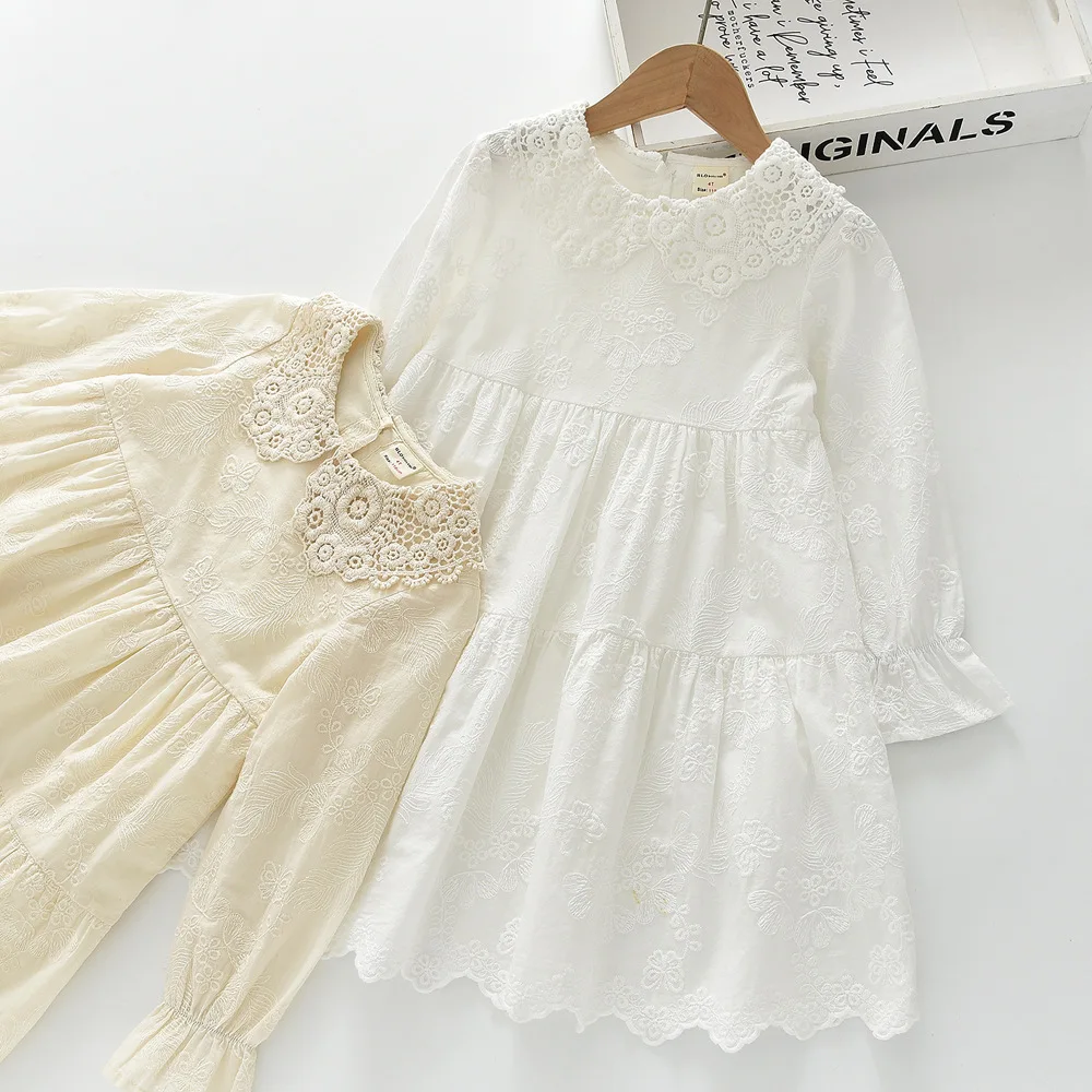Spring 2026 New Lace Embroidered cotton dresses for Girls Small Lapel Long Sleeve Cake Dress