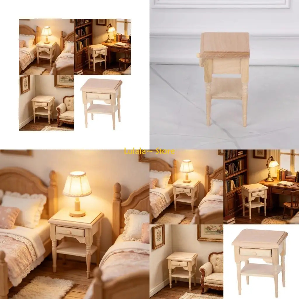 Y4QA Unfinished 1:12 Scale Bedside Cabinet Unpainted Wooden Nightstand for Doll House