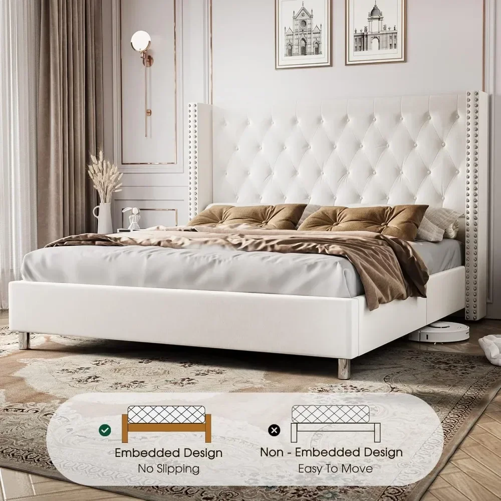 Bed Frame Upholstered Bed Velvet Low Profile Platform No Box Spring Needed/Easy Assembly Bed with Raised Wingback Headboard
