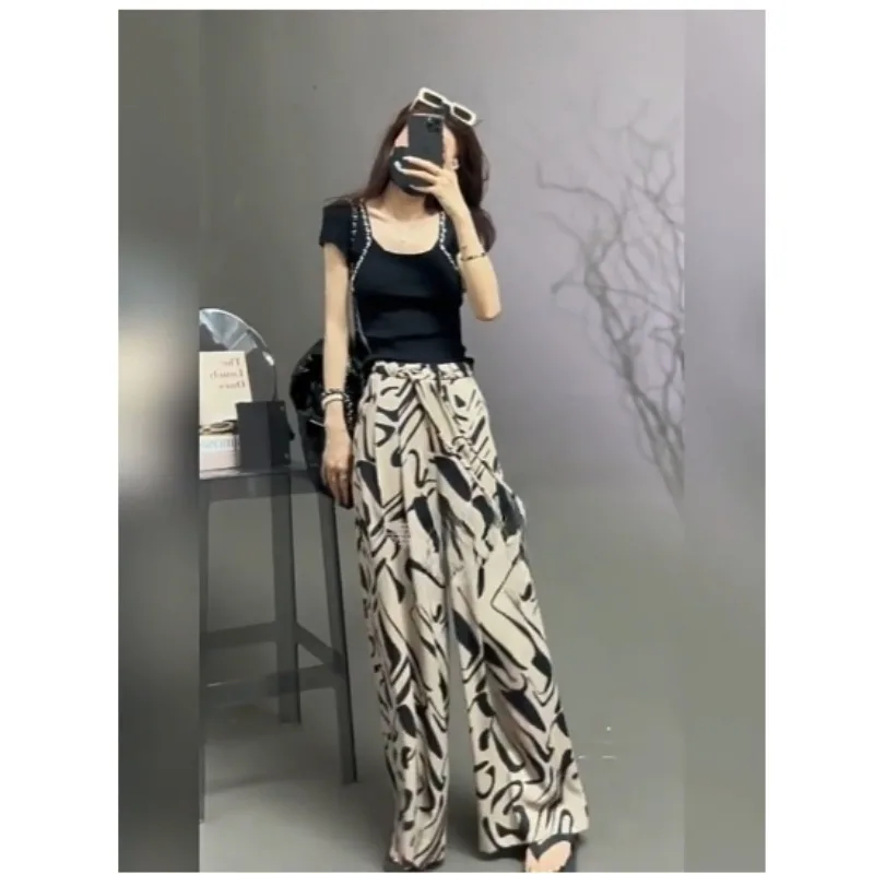 

Wide Leg Pants National Wind Flower Pants Women's Fashionable Summer New Loose Slimming Straight Tube Draw Rope Design Trousers