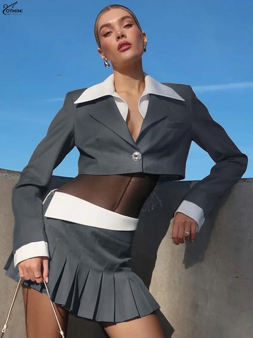 

Oymimi Fashion Grey Patchwork Women's Two Pieces Set Elegant Long Sleeve Single Button Crop Shirts And Pleated Mini Skirts Sets