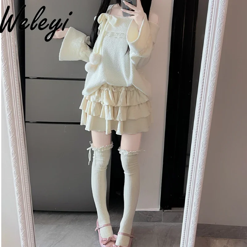 Women's Kawaii Plush Sweater Fluffy Cake Skirts Two Piece Set Autumn and Winter Cute New One Word Shoulder Soft Waxy Skirt Suit