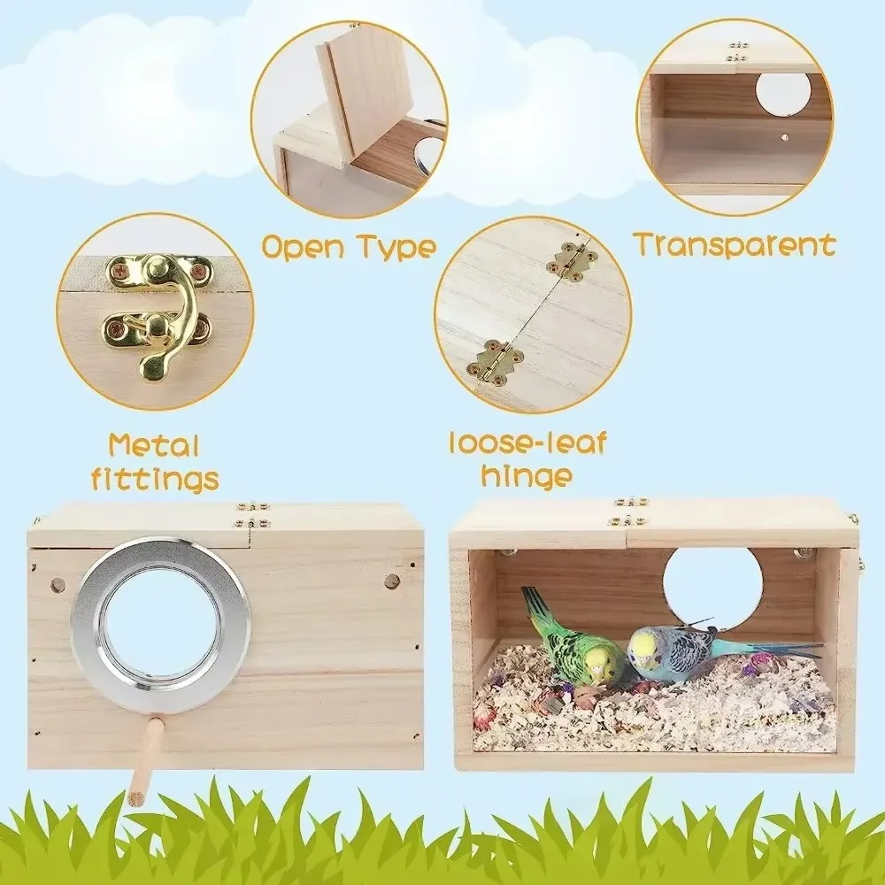 Transparent Design Parakeet Bird House Nest Easy To Cleaning Creative Solid Wood Parrot House Smooth Edges Bird Breeding Box