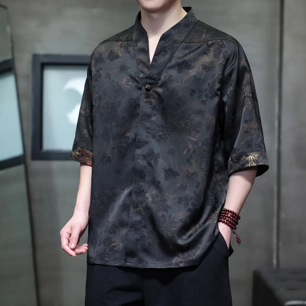 

Men Chinese Style Cross Collar Shirt Half Sleeve Frog Buttons Drop Shoulder Loose Casual Tops Breathable Traditional Blouse