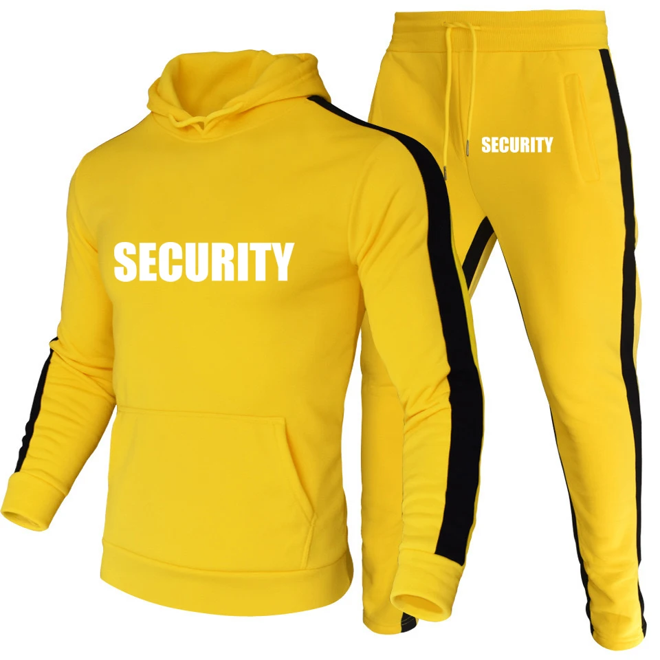 Spring Autumn Men's Suit Security Uniform Print Hoodies Sportwear Fashion High Quality Cotton Mens Sweatshirt+Sweatpants 2Pcs