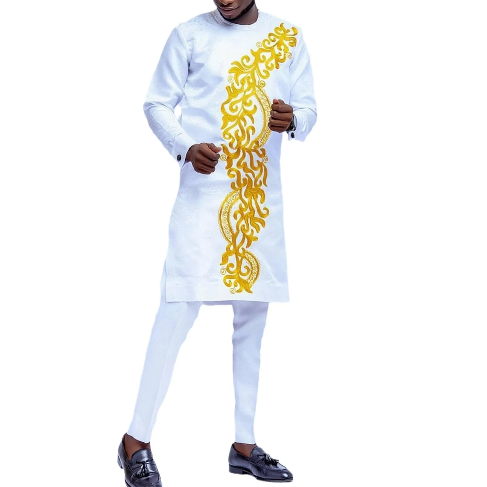 Middle Eastern Men's Ethnic Style White Embroidered Casual Suits, Traditional Clothing for Men in Arabia and Pakistan M-XXXXL