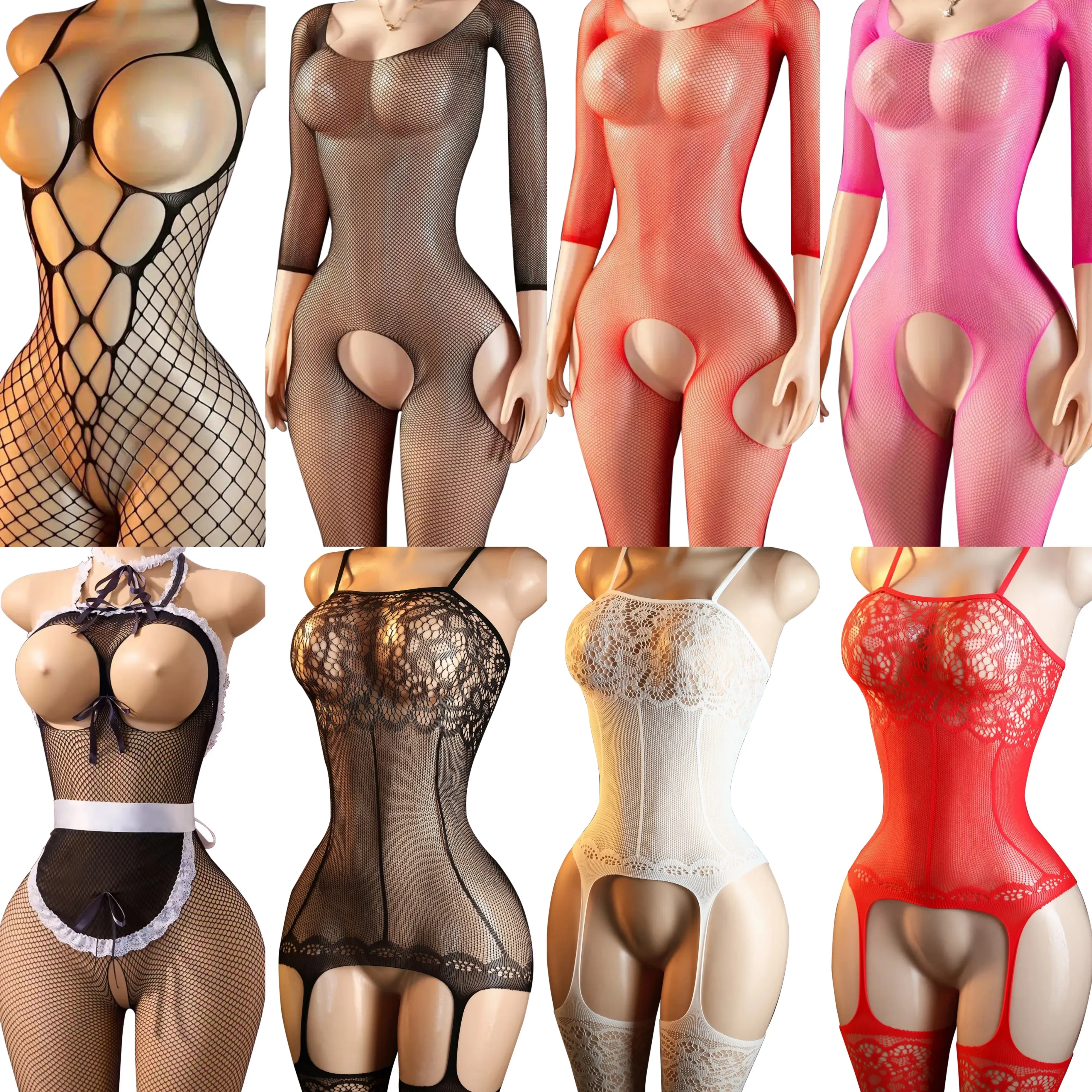 Exotic Babydoll Sleepwear Women Sheer Floral Lace Teddy Lingerie Fishnet Bodystocking Garter Attached Stockings Open Crotch