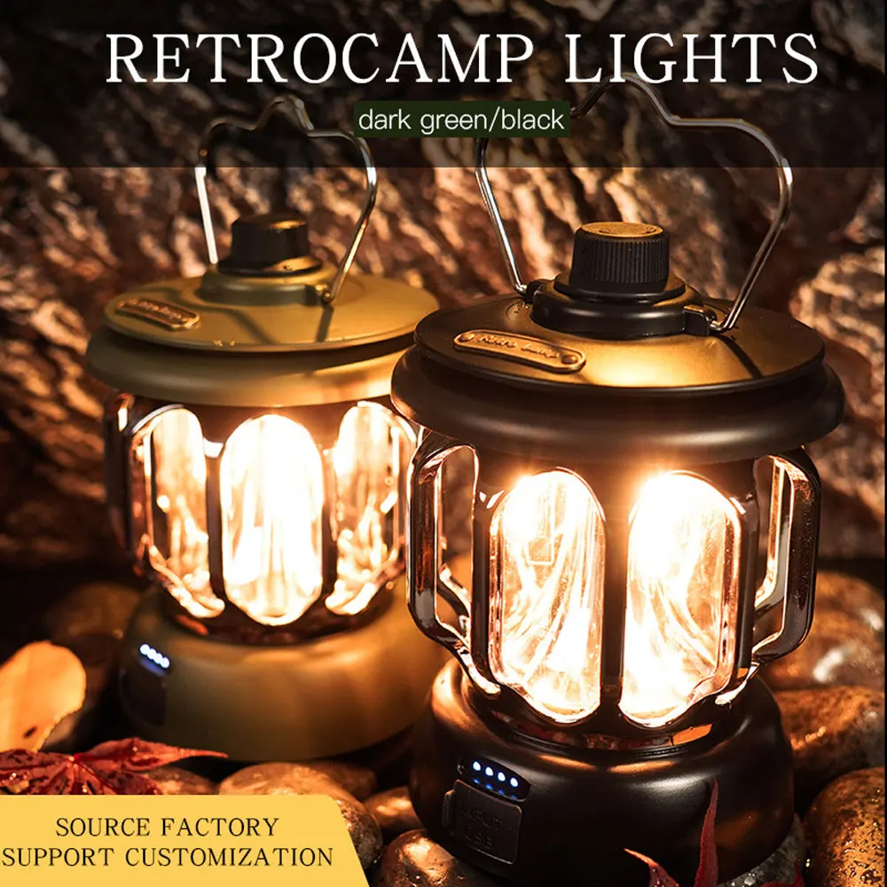Retro Portable Camping Lantern Rechargeable Light Hanging Lamp Outdoor Light Household 3 Modes Dimmable Flashlight With USB