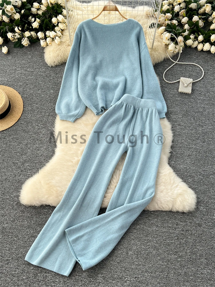 Autumn Korean Chic Warm Knitted 2 Piece Sets Casual Tops + High Waist Wide Legs Long Pants New Retro Solid Street Fashion Suit