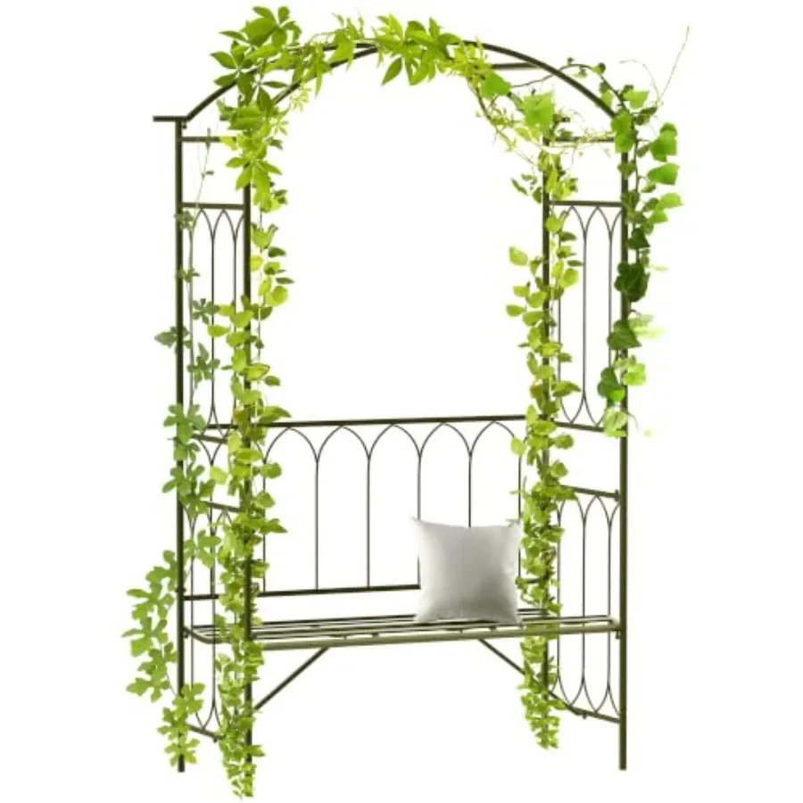 Garden trellis arbor arch with bench, steel construction, black finish, heavy-duty 484 lbs capacity for outdoor use