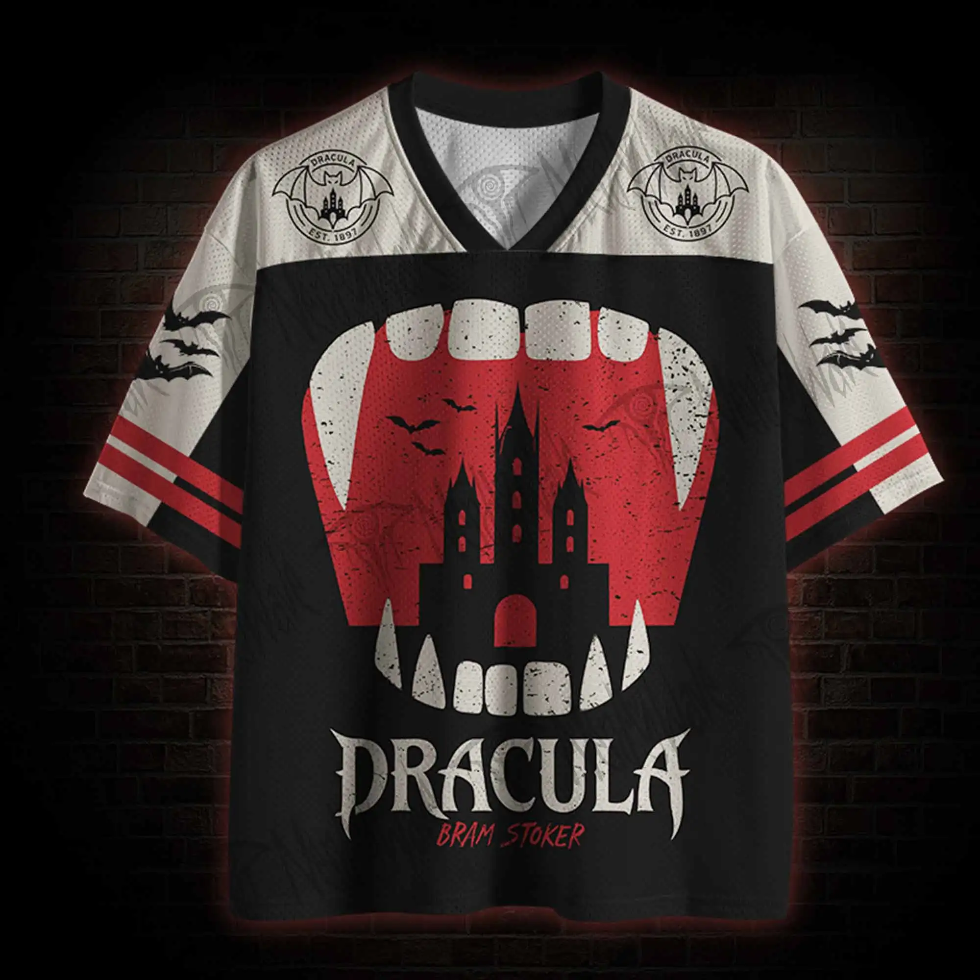 Summer new V-neck T-shirt 3D printed castle pattern breathable quick drying T-shirt fashionable sports dark style T-shirt